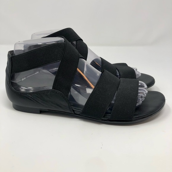 Stuart Weitzman Black Leather and Elastic Crisscross Straps Flat Sandal Open Toe - Picture 3 of 10